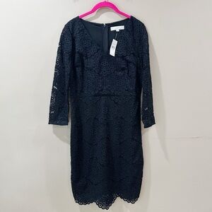 NWT LOFT Black Lace Sheath Dress V-Neck Scalloped Hem Long Sleeve Womens 2